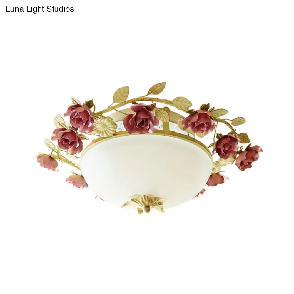 American Flower Bowl Ceiling Flush 3-Light Opal Frosted Glass Flushmount Lighting - Pink/Green