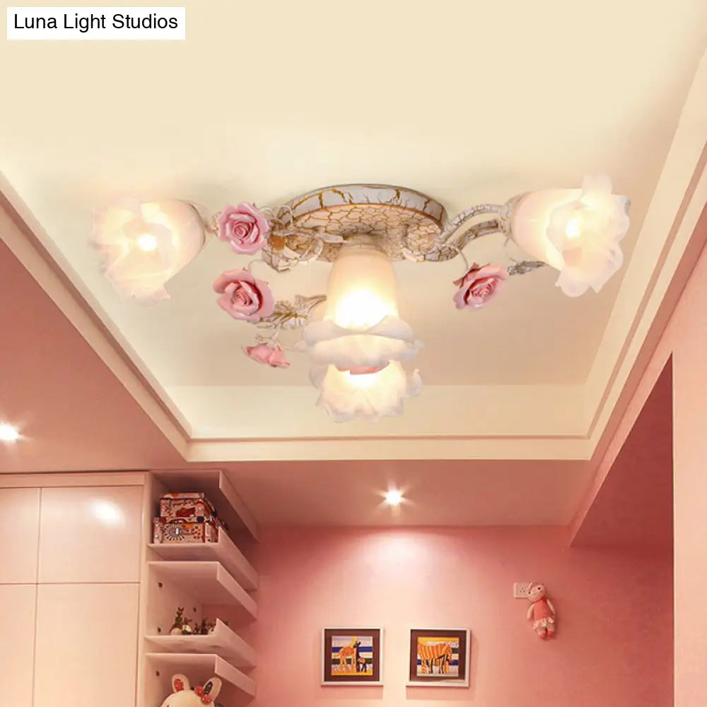 American Flower Milk Glass Morning Glory Ceiling Light - Pink Semi Flush Mount With 4/6 Heads