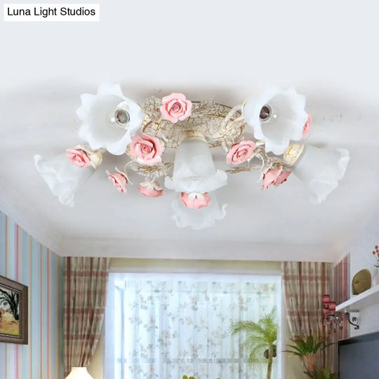 American Flower Milk Glass Morning Glory Ceiling Light - Pink Semi Flush Mount With 4/6 Heads 6 /
