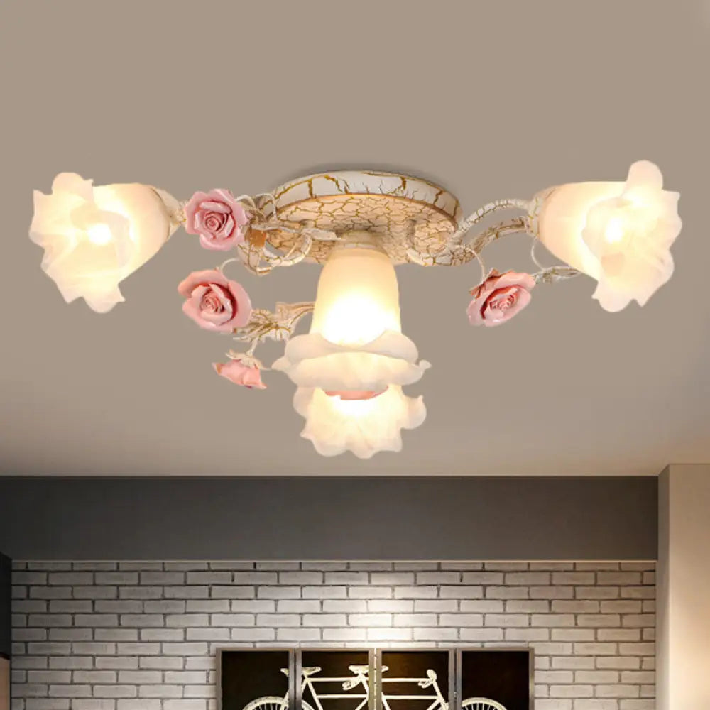 American Flower Milk Glass Morning Glory Ceiling Light - Pink Semi Flush Mount With 4/6 Heads 4 /