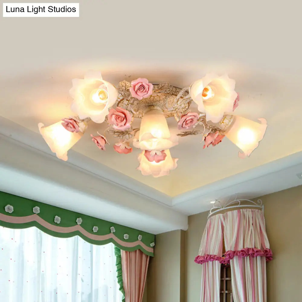 American Flower Milk Glass Morning Glory Ceiling Light - Pink Semi Flush Mount With 4/6 Heads