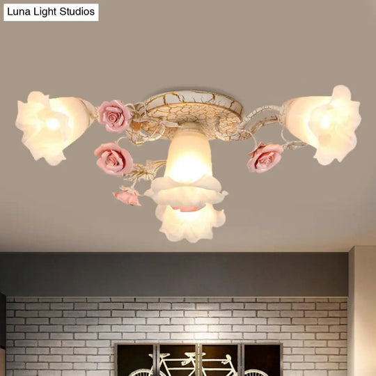 American Flower Milk Glass Morning Glory Ceiling Light - Pink Semi Flush Mount With 4/6 Heads 4 /