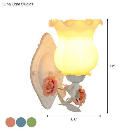 American Garden 1-Light Wall Sconce - Pink/Green/Blue Frosted White Glass Floral Design