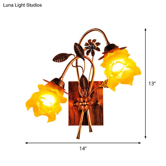 American Garden 2-Head Amber Glass Flower Wall Lamp With Rust Bent Arm - Bedroom Sconce Light