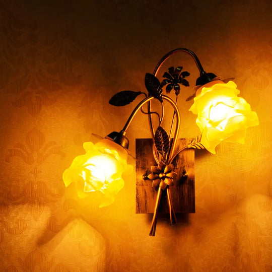 American Garden 2-Head Amber Glass Flower Wall Lamp With Rust Bent Arm - Bedroom Sconce Light