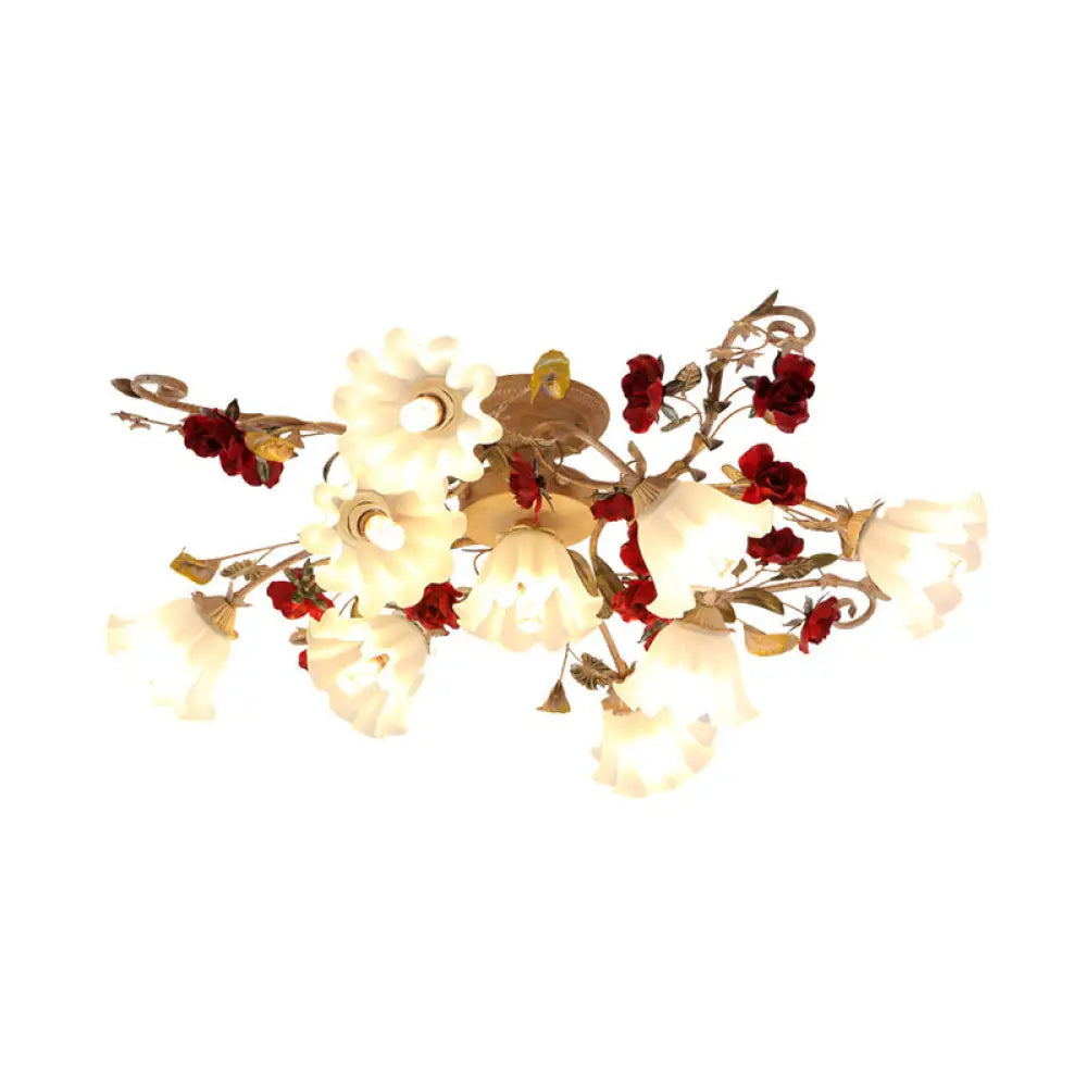 American Garden 4/7/9 - Bulb Flower Semi Flush Light With Frosted Glass 9 / White