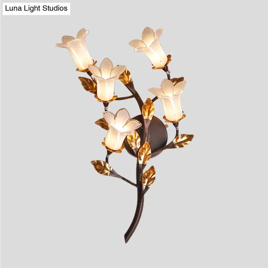 American Garden 5-Head Metal Wall Lamp In Dark Brown - Lotus/Lily/Tulip Sconce Lighting Fixture For