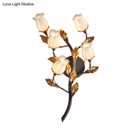 American Garden 5-Head Metal Wall Lamp In Dark Brown - Lotus/Lily/Tulip Sconce Lighting Fixture For