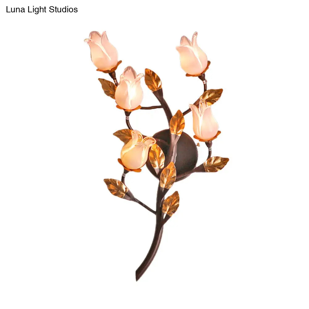 American Garden 5-Head Metal Wall Lamp In Dark Brown - Lotus/Lily/Tulip Sconce Lighting Fixture For