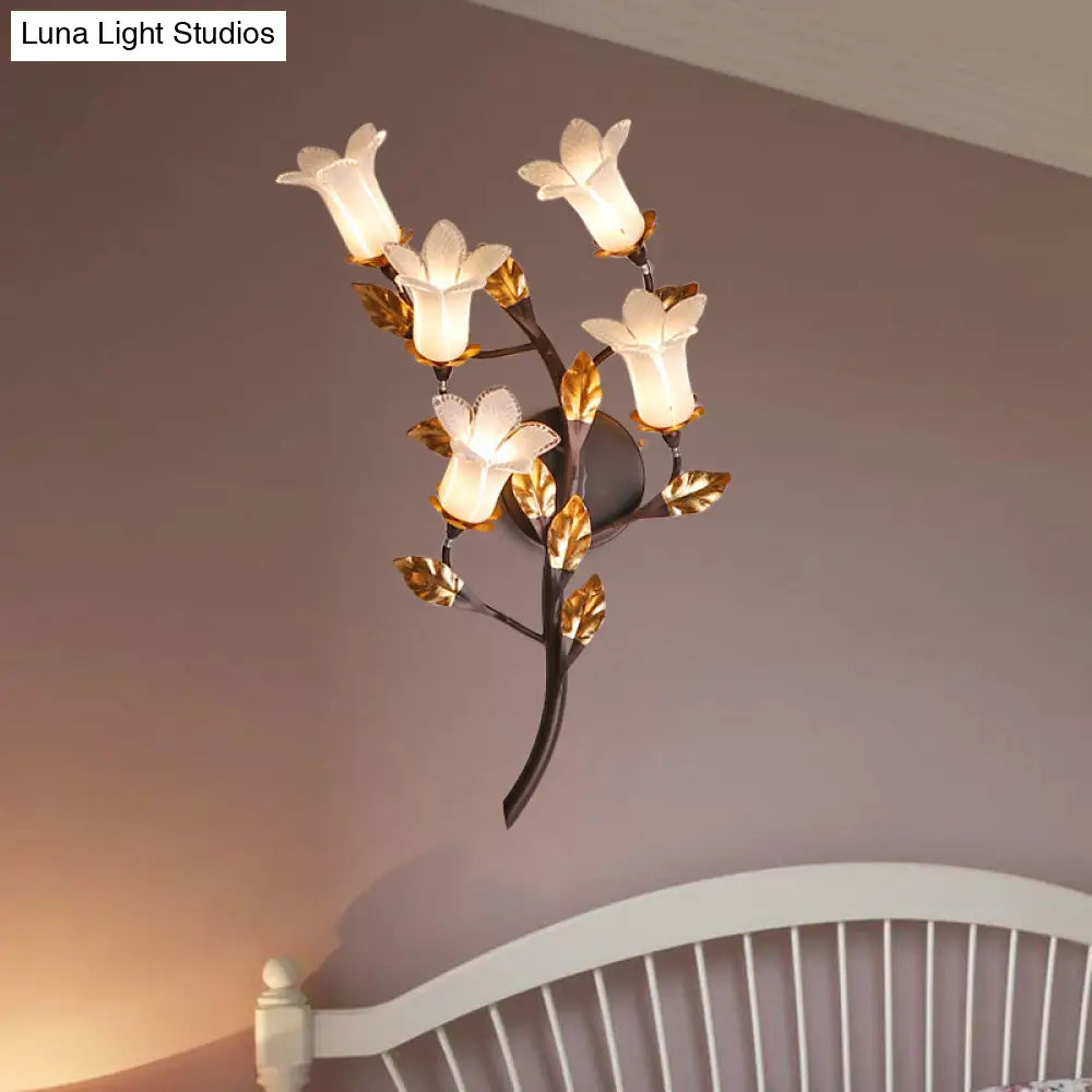 American Garden 5-Head Metal Wall Lamp In Dark Brown - Lotus/Lily/Tulip Sconce Lighting Fixture For