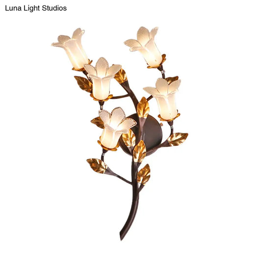 American Garden 5-Head Metal Wall Lamp In Dark Brown - Lotus/Lily/Tulip Sconce Lighting Fixture For