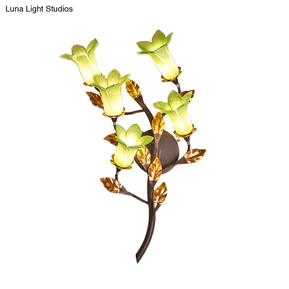 American Garden 5-Head Metal Wall Lamp In Dark Brown - Lotus/Lily/Tulip Sconce Lighting Fixture For