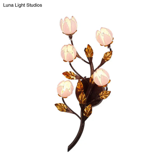 American Garden 5-Head Metal Wall Lamp In Dark Brown - Lotus/Lily/Tulip Sconce Lighting Fixture For