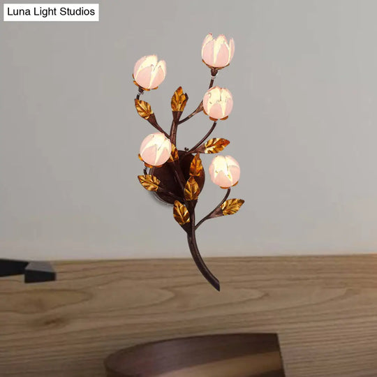 American Garden 5-Head Metal Wall Lamp In Dark Brown - Lotus/Lily/Tulip Sconce Lighting Fixture For