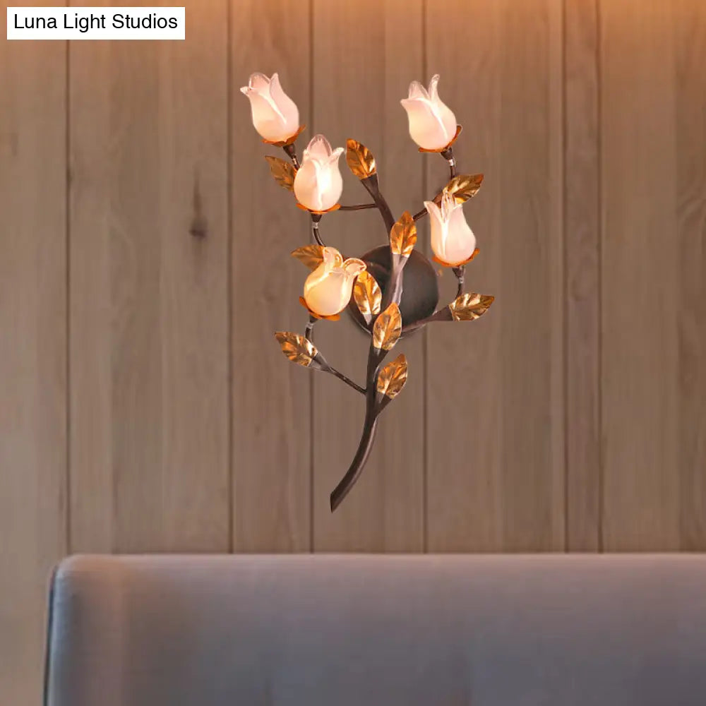 American Garden 5-Head Metal Wall Lamp In Dark Brown - Lotus/Lily/Tulip Sconce Lighting Fixture For