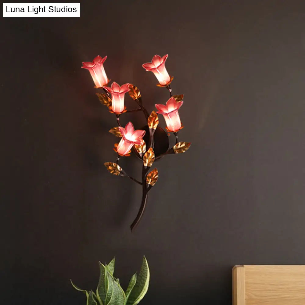 American Garden 5-Head Metal Wall Lamp In Dark Brown - Lotus/Lily/Tulip Sconce Lighting Fixture For