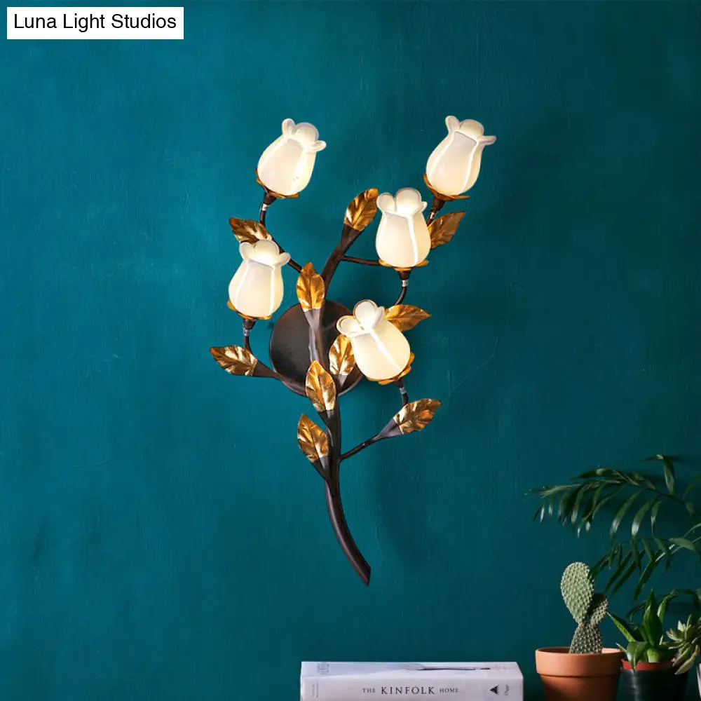 American Garden 5-Head Metal Wall Lamp In Dark Brown - Lotus/Lily/Tulip Sconce Lighting Fixture For