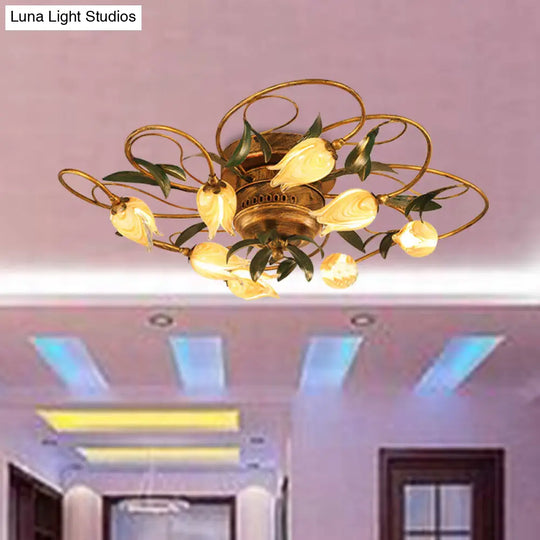 American Garden Bedroom Ceiling Light With 8/15 Led Heads And Frosted Glass In Brass Finish