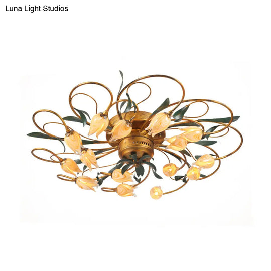 American Garden Bedroom Ceiling Light With 8/15 Led Heads And Frosted Glass In Brass Finish