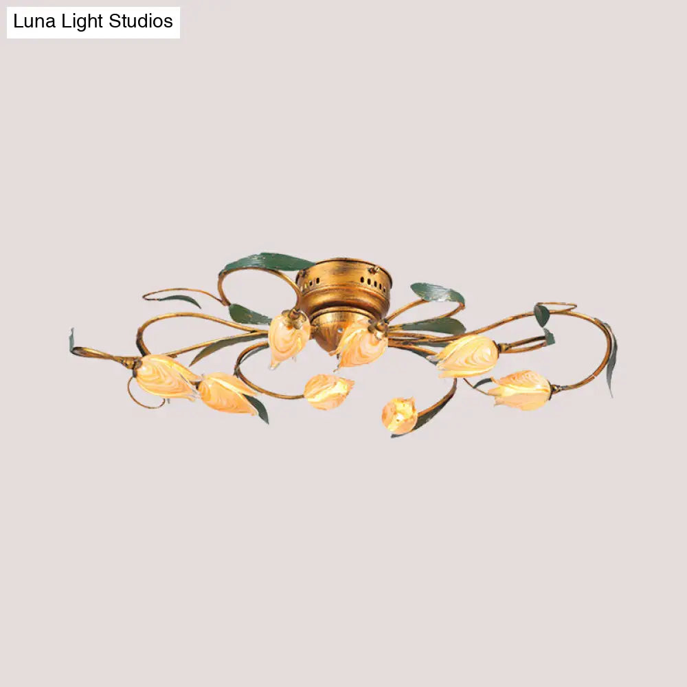 American Garden Bedroom Ceiling Light With 8/15 Led Heads And Frosted Glass In Brass Finish