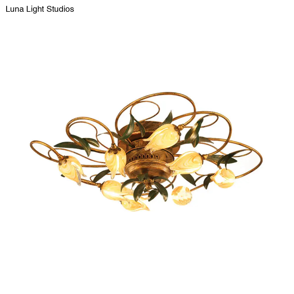 American Garden Bedroom Ceiling Light With 8/15 Led Heads And Frosted Glass In Brass Finish