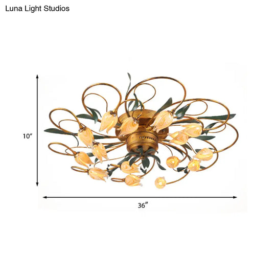 American Garden Bedroom Ceiling Light With 8/15 Led Heads And Frosted Glass In Brass Finish