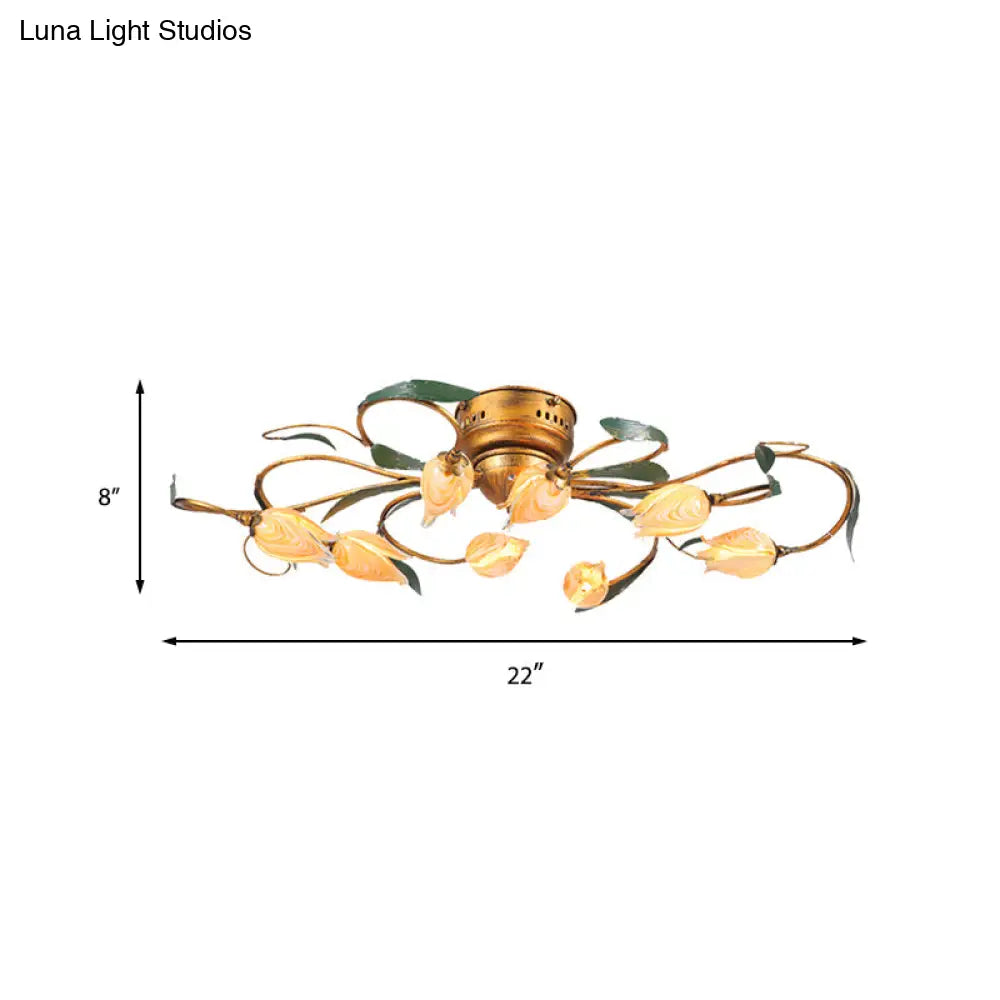 American Garden Bedroom Ceiling Light With 8/15 Led Heads And Frosted Glass In Brass Finish