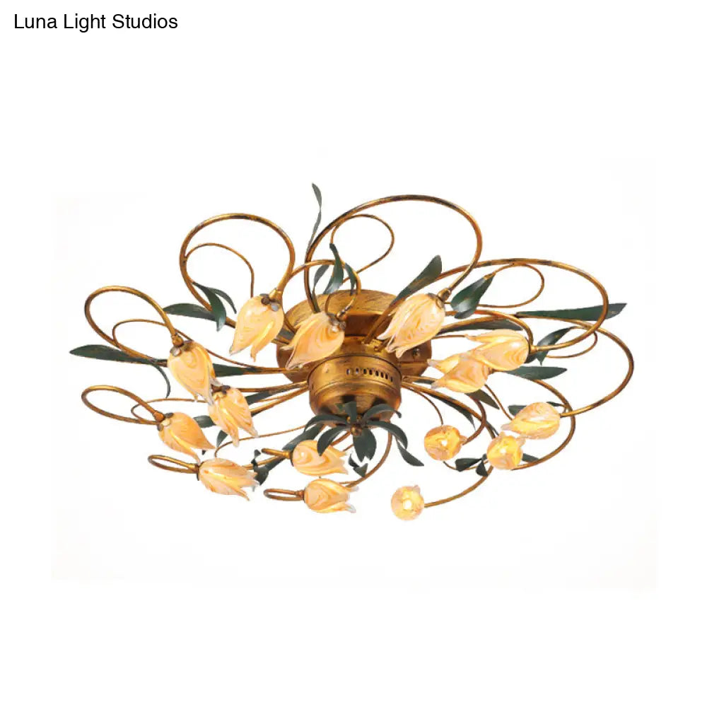 American Garden Bedroom Ceiling Light With 8/15 Led Heads And Frosted Glass In Brass Finish