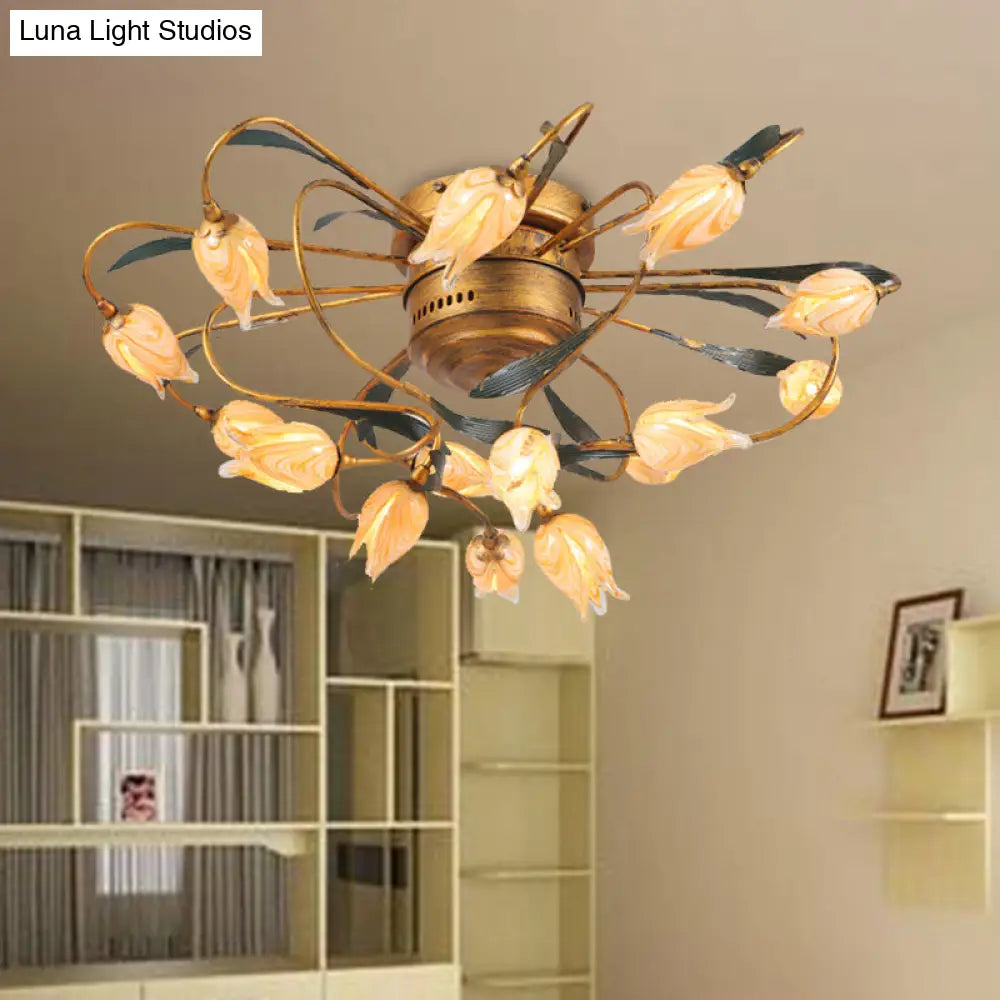 American Garden Bedroom Ceiling Light With 8/15 Led Heads And Frosted Glass In Brass Finish 15 / A