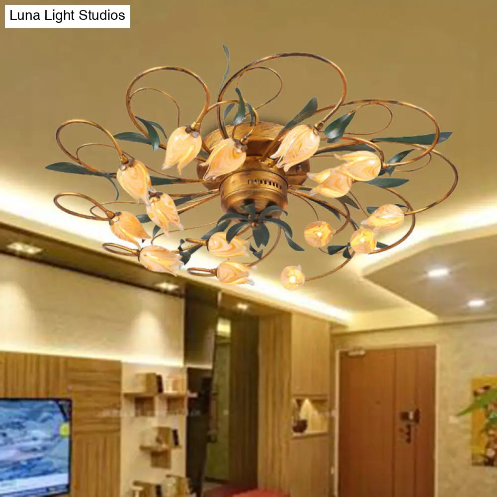 American Garden Bedroom Ceiling Light With 8/15 Led Heads And Frosted Glass In Brass Finish 15 / B