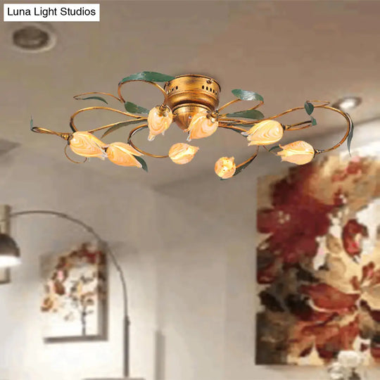 American Garden Bedroom Ceiling Light With 8/15 Led Heads And Frosted Glass In Brass Finish