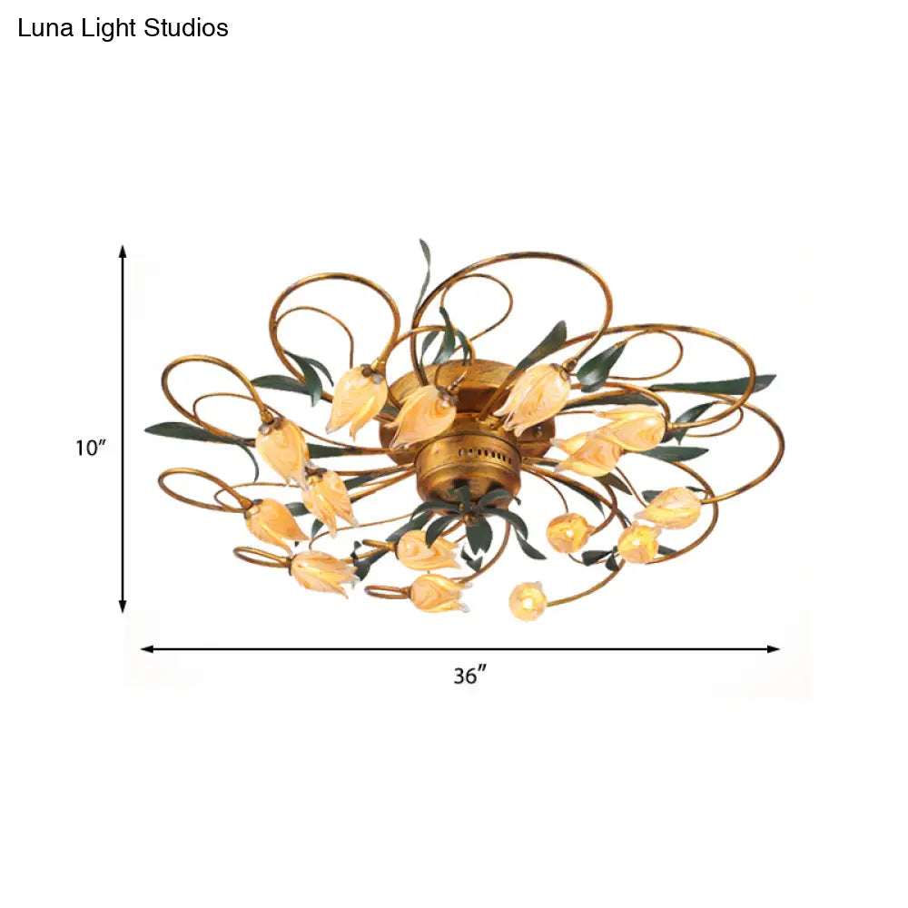 American Garden Bedroom Ceiling Light With 8/15 Led Heads And Frosted Glass In Brass Finish