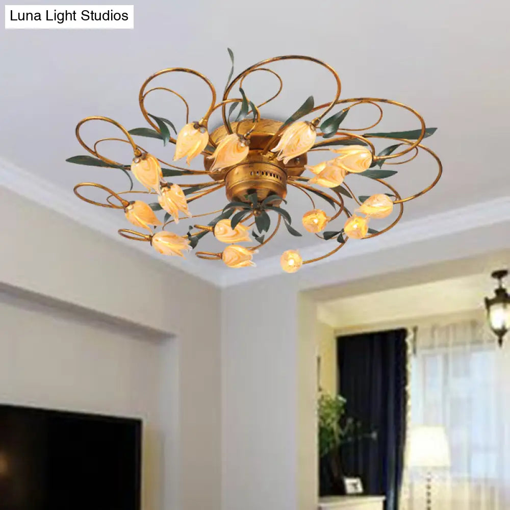 American Garden Bedroom Ceiling Light With 8/15 Led Heads And Frosted Glass In Brass Finish