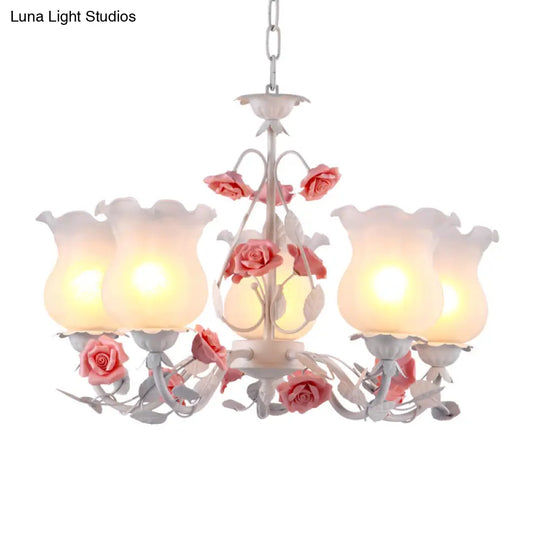 American Garden Flower Chandelier Light - 5-Light White Pendant Ceiling Fixture With Frosted Glass