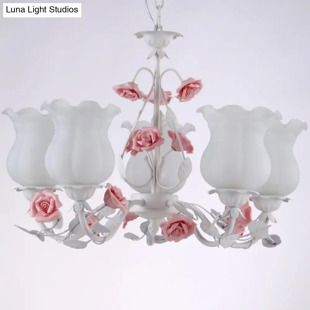 American Garden Flower Chandelier Light - 5-Light White Pendant Ceiling Fixture With Frosted Glass