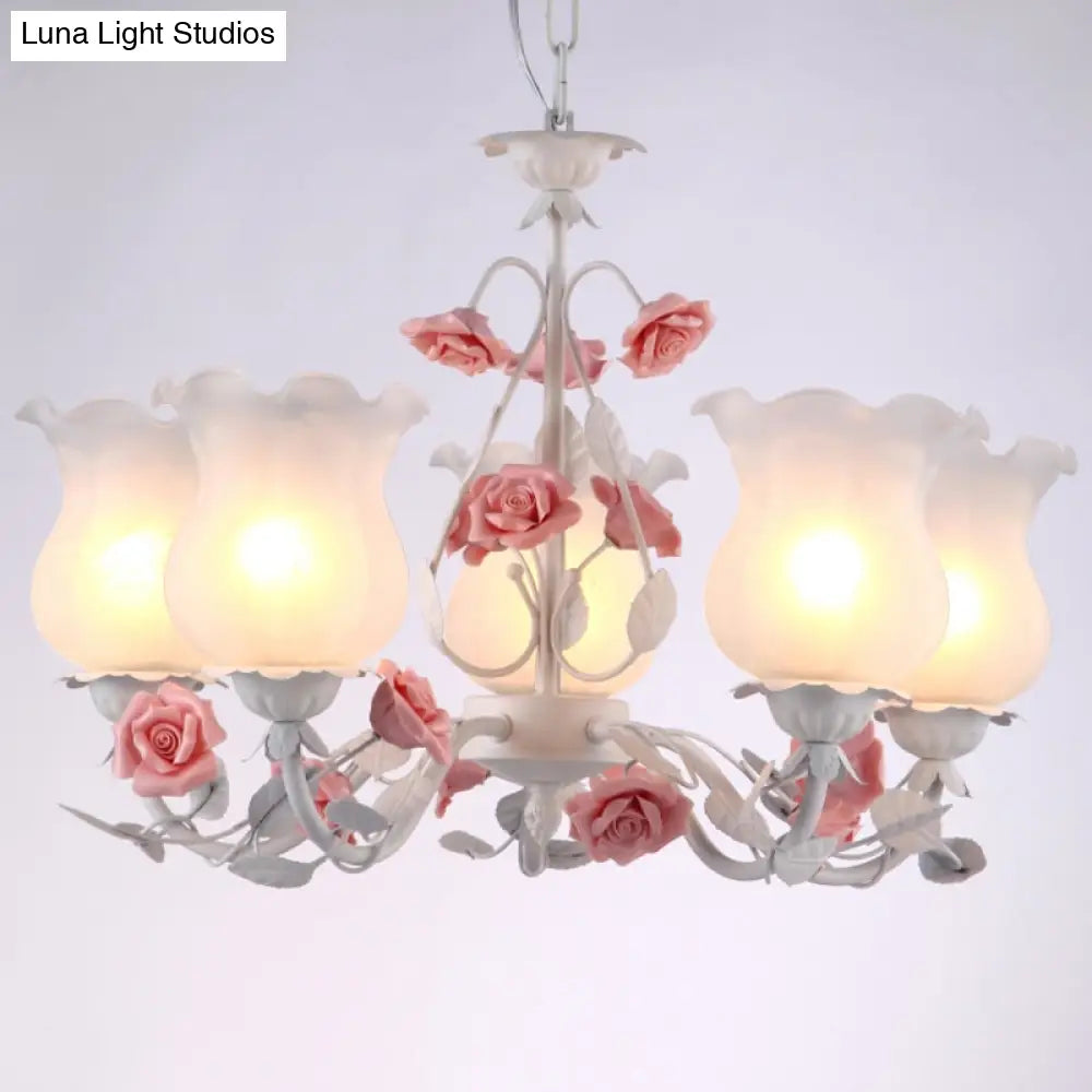 American Garden Flower Chandelier Light - 5-Light White Pendant Ceiling Fixture With Frosted Glass