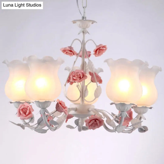 American Garden Flower Chandelier Light - 5-Light White Pendant Ceiling Fixture With Frosted Glass