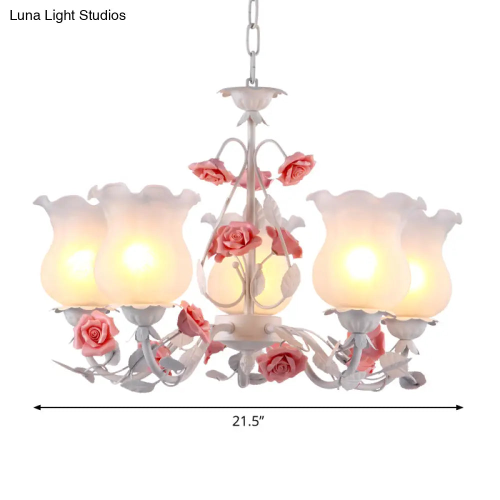 American Garden Flower Chandelier Light - 5-Light White Pendant Ceiling Fixture With Frosted Glass