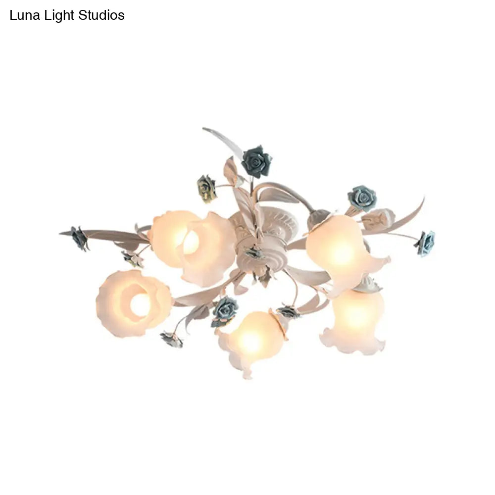 American Garden Flower Semi-Flush Mount Light - 5 Bulbs Frosted White Glass Ideal For Living Room