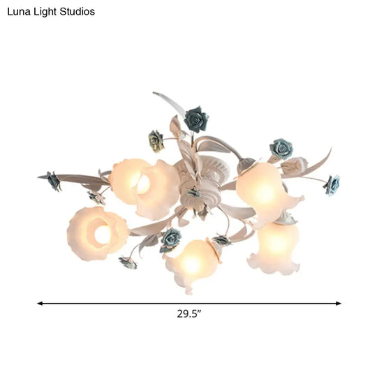 American Garden Flower Semi - Flush Mount Light - 5 Bulbs Frosted White Glass Ideal For Living Room