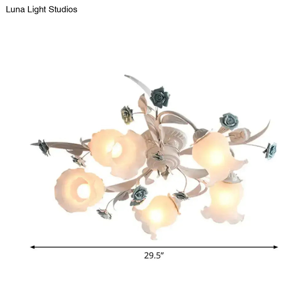 American Garden Flower Semi-Flush Mount Light - 5 Bulbs Frosted White Glass Ideal For Living Room