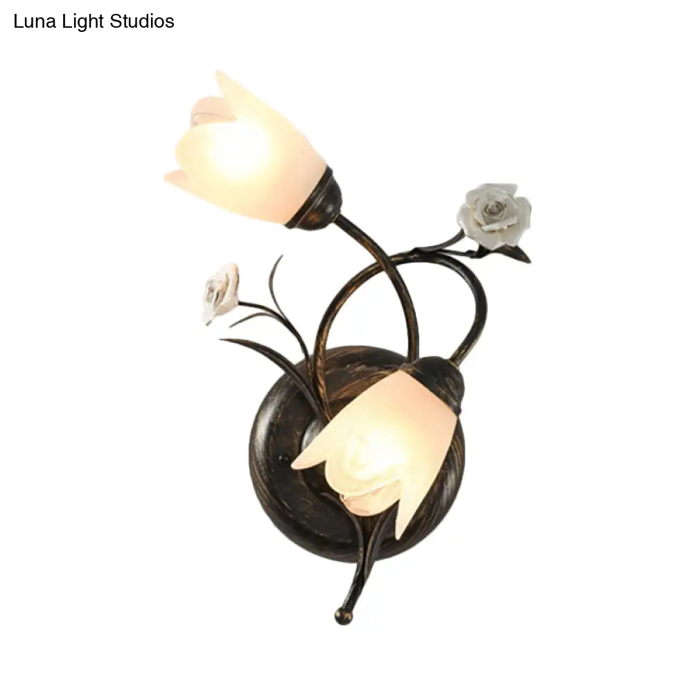 American Garden Flower Wall Lamp With Bronze Finish Frosted Glass Sconce Light - 2-Head Left/Right