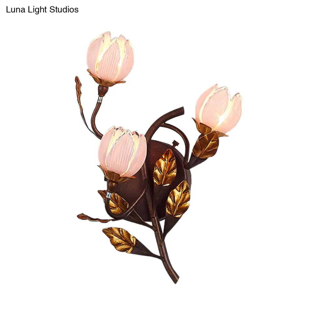 American Garden Metal Lotus/Lily/Tulip Wall Light - Dark Brown 3 Bulbs Led Living Room Lighting