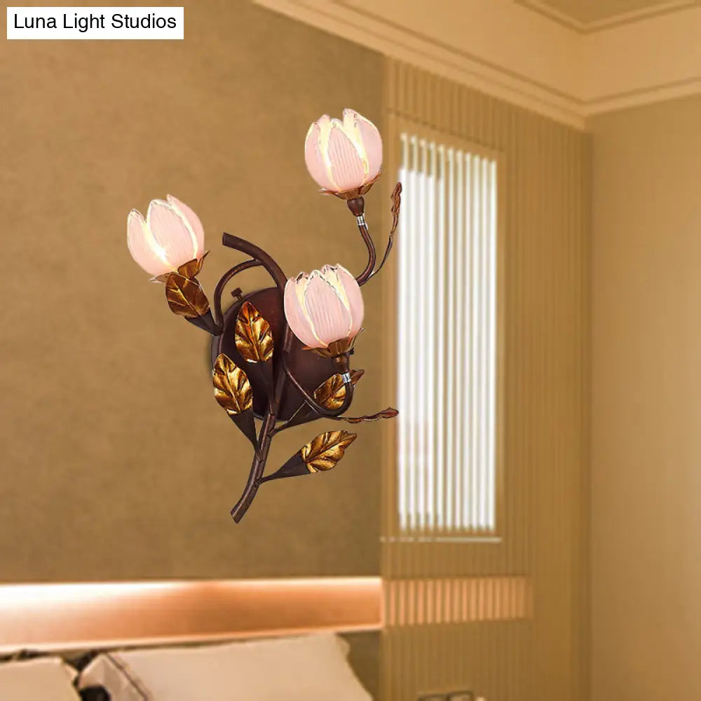 American Garden Metal Lotus/Lily/Tulip Wall Light - Dark Brown 3 Bulbs Led Living Room Lighting