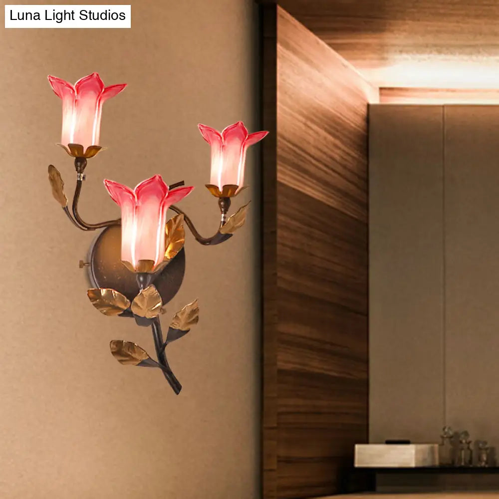 American Garden Metal Lotus/Lily/Tulip Wall Light - Dark Brown 3 Bulbs Led Living Room Lighting