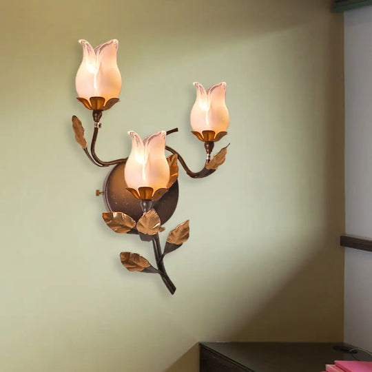 American Garden Metal Lotus/Lily/Tulip Wall Light - Dark Brown 3 Bulbs Led Living Room Lighting / F