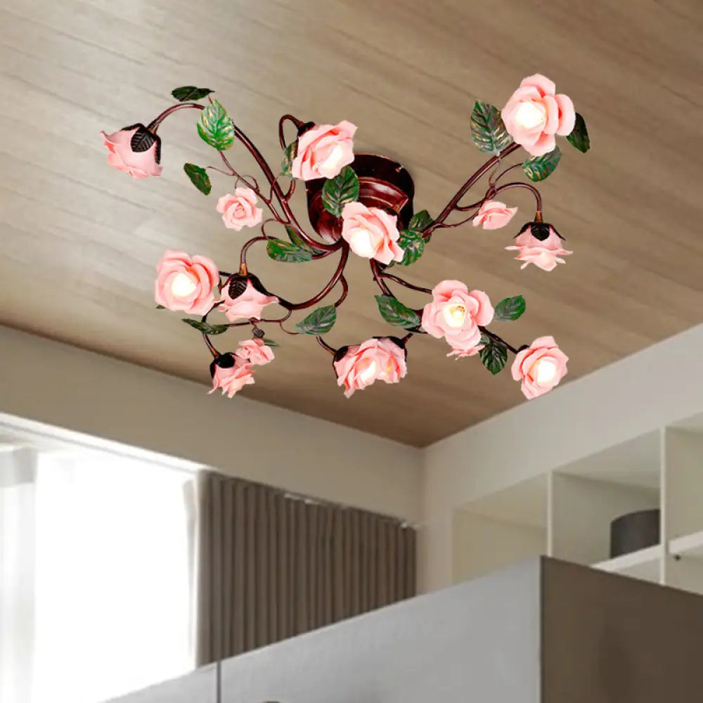 American Garden Metal Semi Flush Mount With 12 Led Lights In Dark Brown For Rose Bedroom Ceiling
