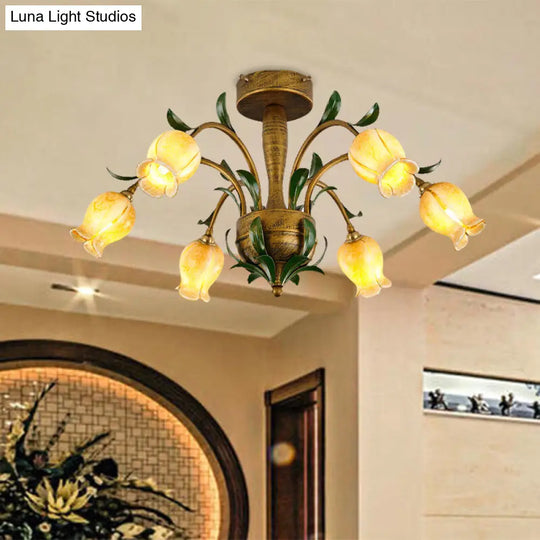 American Garden Metal Tulip Led Semi Flush Ceiling Light Fixture With Brass Finish - Ideal For