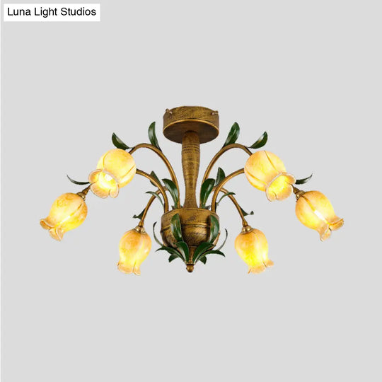 American Garden Metal Tulip Led Semi Flush Ceiling Light Fixture With Brass Finish - Ideal For