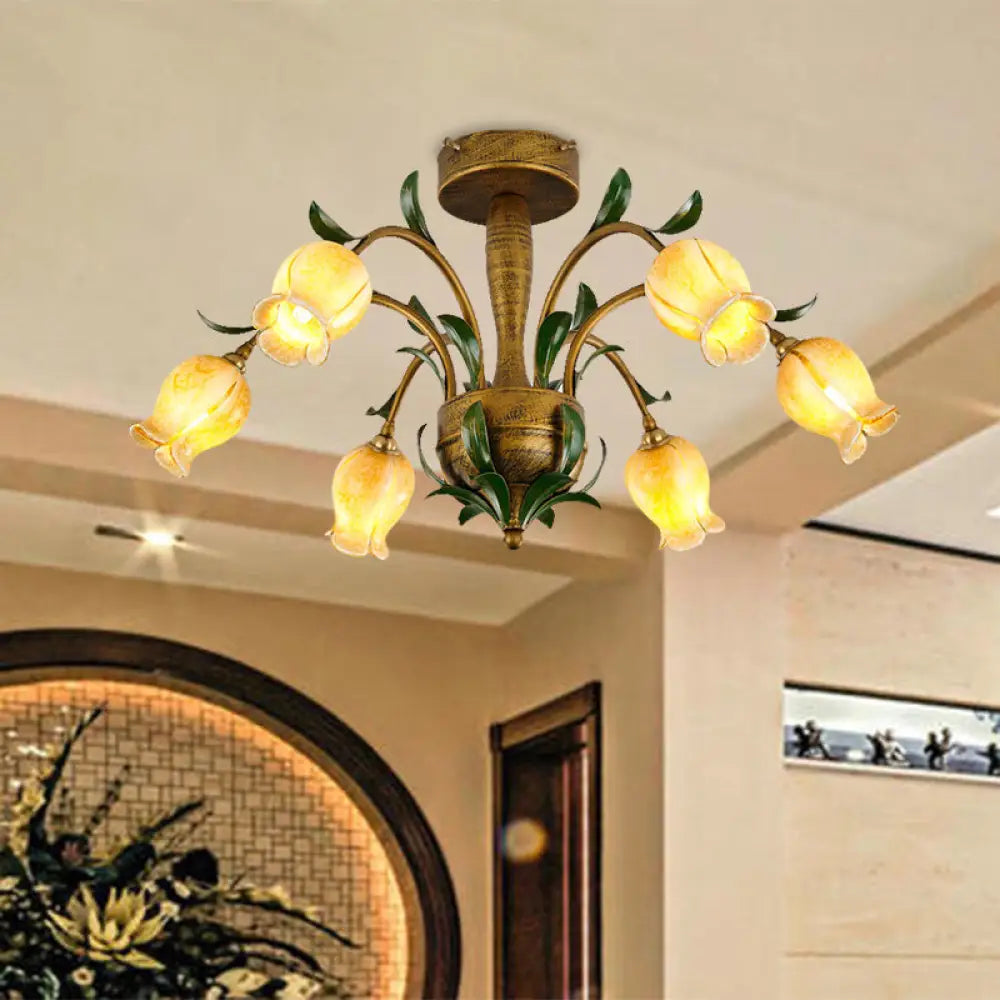 American Garden Metal Tulip Led Semi Flush Ceiling Light Fixture With Brass Finish - Ideal For